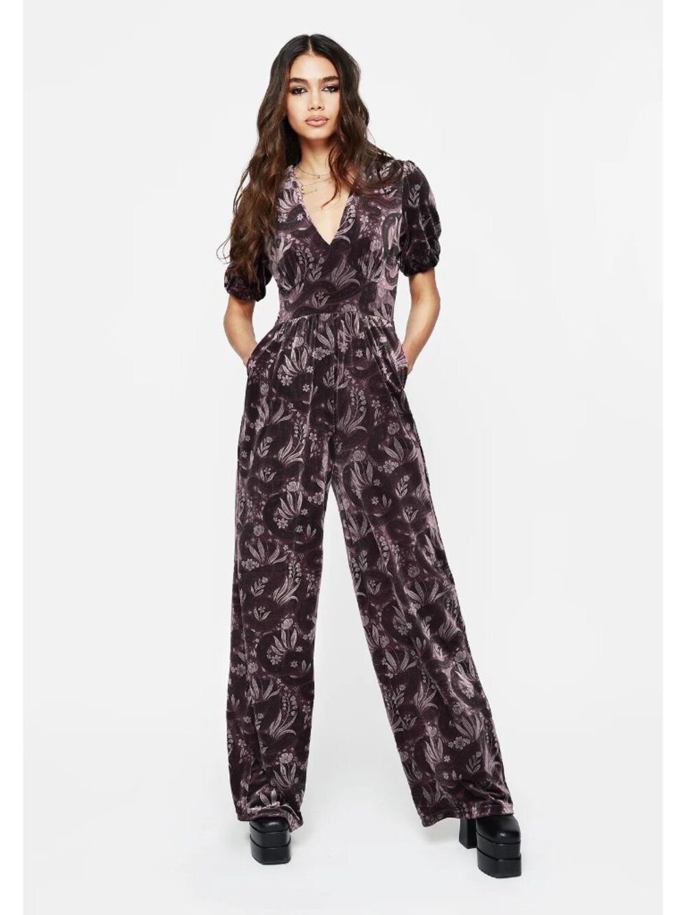 Disturbia Plum Floral Velvet Jumpsuit with Puff Sleeves